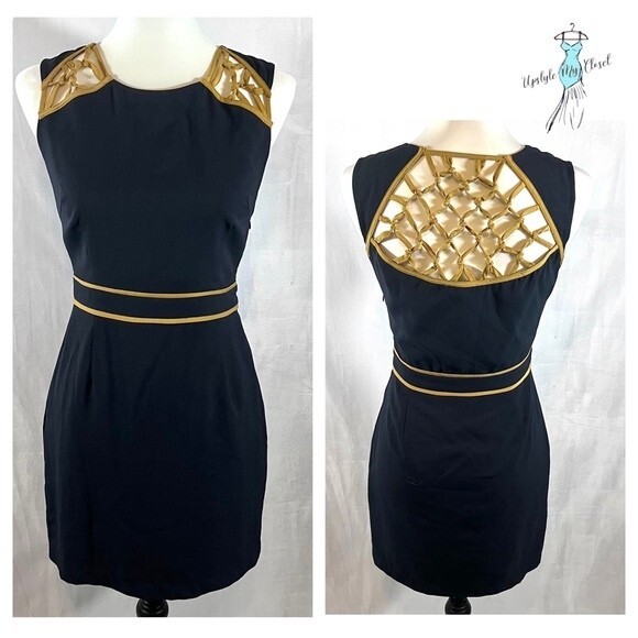Esley Dresses & Skirts - Unique Esley navy and gold knotted lattice sheath dress size small